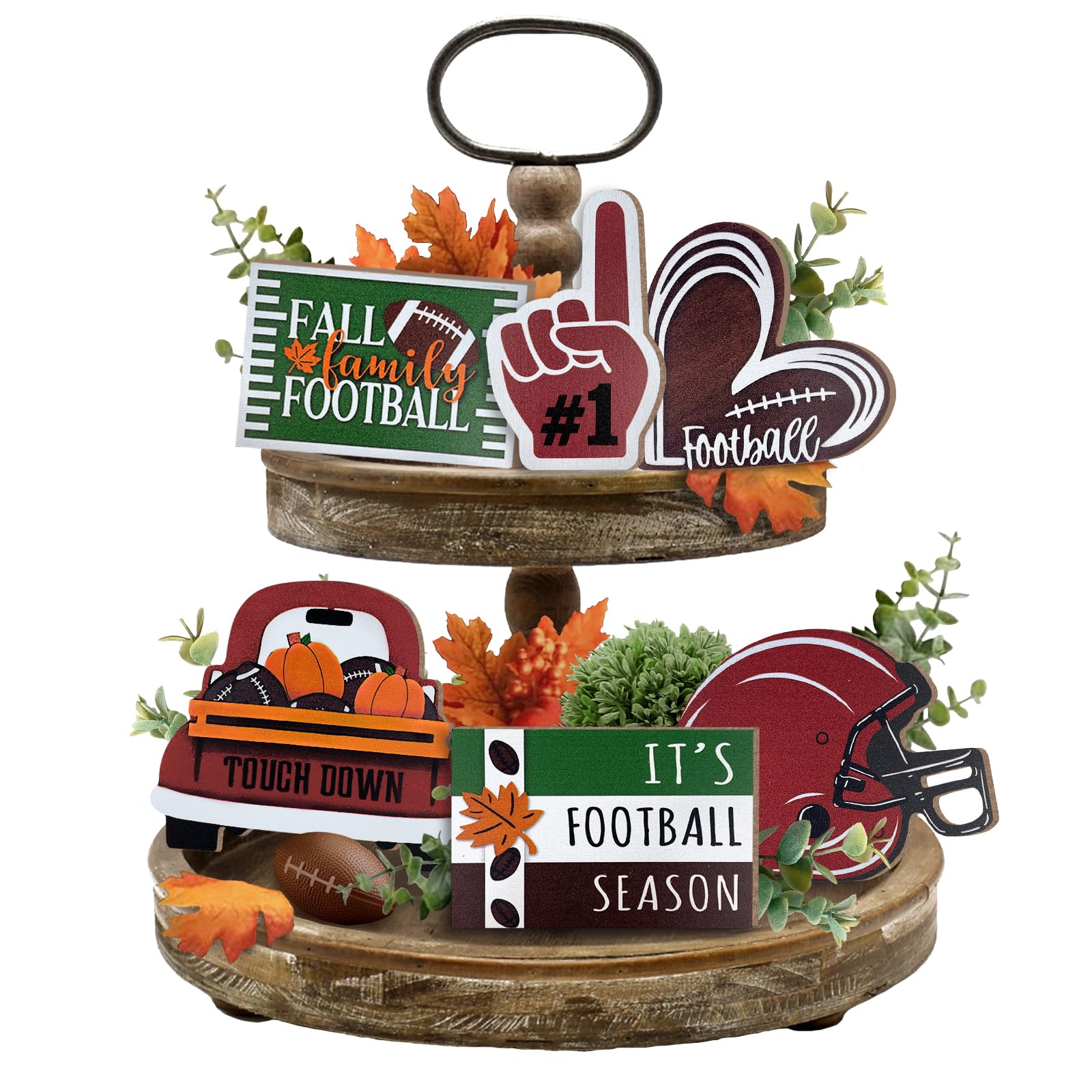 Photo 1 of Uruney Fall Football Tiered Tray Decor, Farmhouse Tray Decorations Truck Heart Football Helmet Game Wooden Sign, Rustic Thanksgiving Autumn Football Season Decorations for Home Table Shelf Party 6PCs