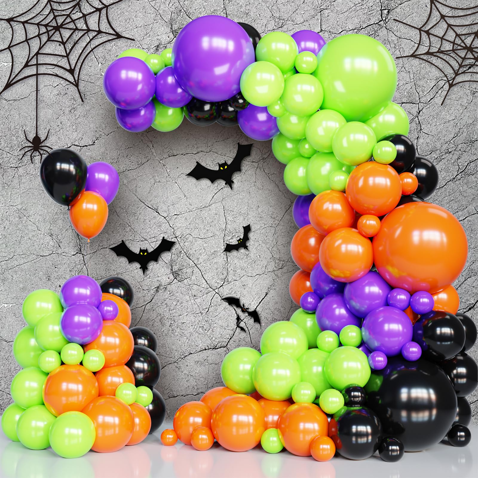 Photo 1 of Halloween Balloons Arch Garland Kit, 131pcs Orange Black Purple Green Balloons Different Size, Black and Orange Latex Halloweens Balloon Arch Kit for Halloween Party Decorations