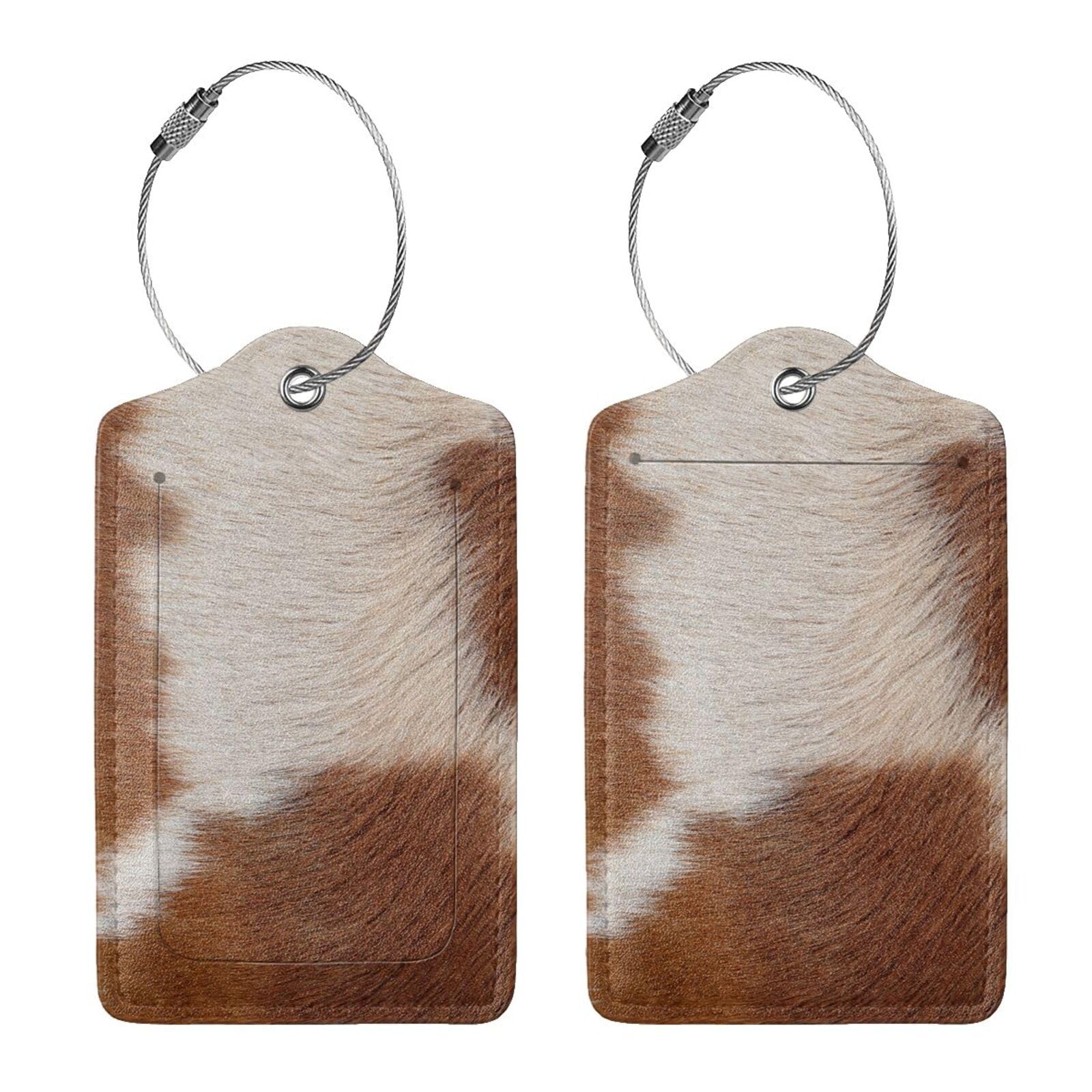Photo 1 of 2 Pcs Funny Brown Cowhide Pattern Luggage Tag for Suitcase, Farm Animal Birthday Gift Women Men Boy Girl, Steel Loop with Privacy Cover ID Label
