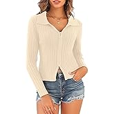 ZAFUL Women's Zip Up Sweater Long Sleeve Polo V Neck Ribbed Knit Slim Cropped Sweater Pullover Jumper Tops