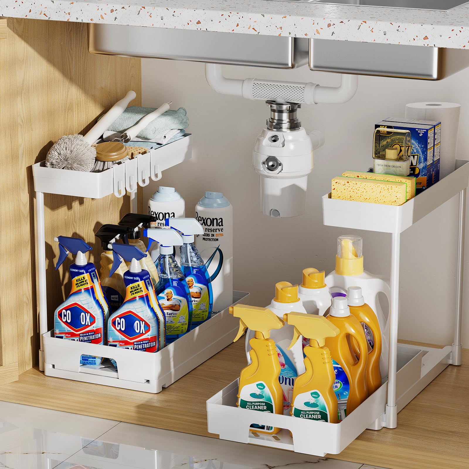 Photo 1 of Delamu 2 Pack Under Sink Organizers and Storage, 2 Tier Pull Out Bathroom Cabinet Organizer, L-Shape White Under Bathroom Kitchen Sink Organizer with Drawer for Under Sink Storage Organizer