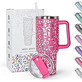 sweet grain 40 oz Tumbler with Handle and Straw - Cheetah Print Stainless Steel Insulated Tumblers, Cupholder Friendly, Perfect Leopard Tumbler Gifts for Women Men - Rose Red