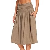 GYS Bamboo Viscose Skirts for Women Knee Length Flowy Ruched High Waist Knit A-Line Casual Summer Skirt with Pockets