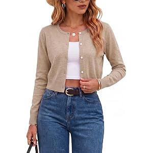 Arach&Cloz Women's Wool Blend Cropped Crewneck Fall Work Cardigan Sweaters | Lightweight Bolero Shrugs, Button Front, Long Sl