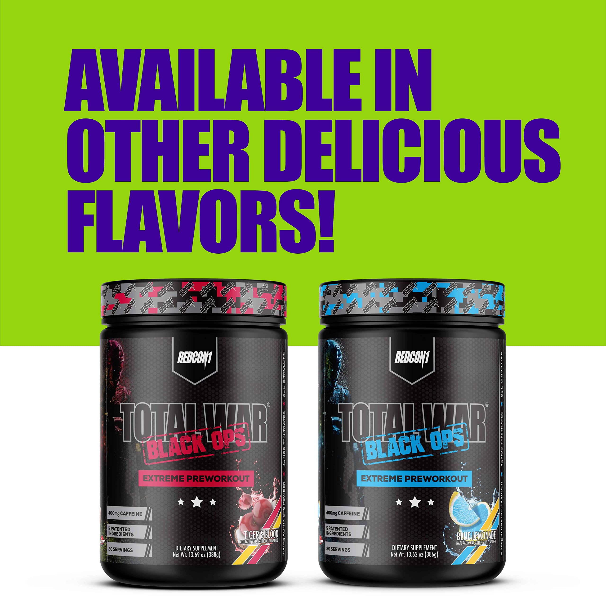 REDCON1 Total War Black Ops Extreme Preworkout Powder, Sour Gummy Bear, High Stimulant, 400 mg Caffeine, NO3-T Nitrates + L-Citrulline, Increase Blood Flow, Muscle Pumps (20 Servings)