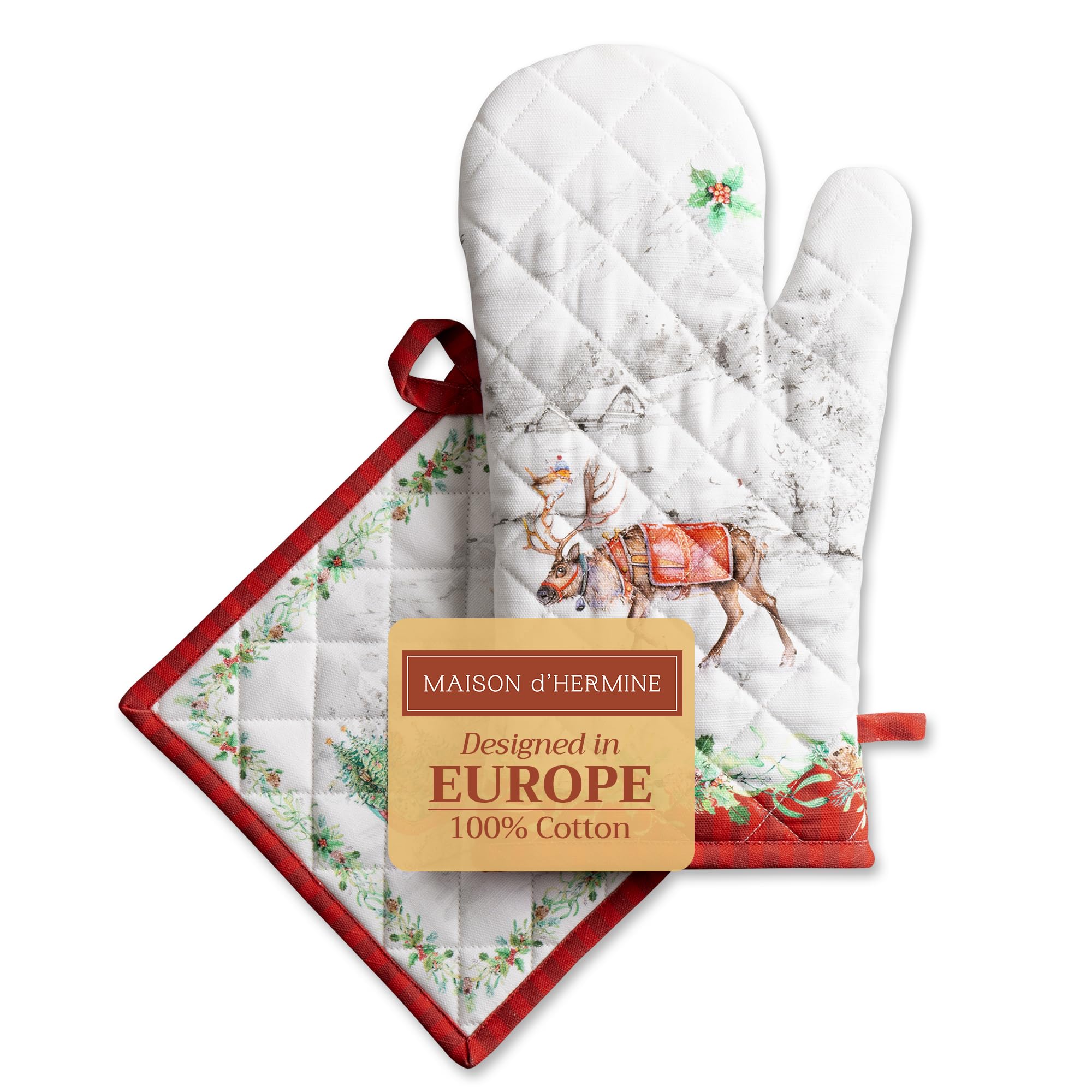Maison d' Hermine 100% Cotton Oven Mitt & Pot Holder Set (19 x 33 cm & 20 x 20 cm) Heat Resistant BBQ Cooking Gloves with Loop for Christmas Decorations Baking Handling Hot Pans (Christmas Tradition)