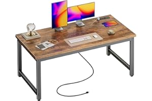 Huuger 55 x 24 inch Desk with Power Outlets & USB-C, Deeper & Thicker Desktop, Robust Metal Tubes, Computer Desk, Heavy Duty Office Desk, Work Gaming Desk for Home Office, Rustic Brown