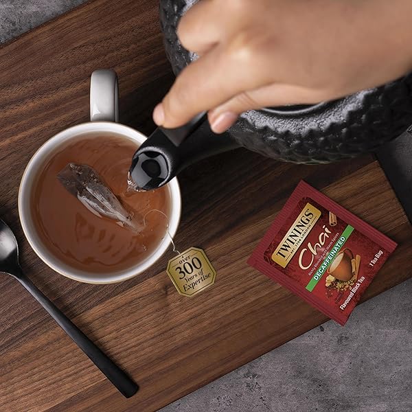 TWININGS DECAFFEINATED CHAI TEA, BLACK TEA BLEND WITH CINNAMON, GINGER, CARDAMON, CLOVES FOR A SWEET AND SPICY FLAVOR, 20 COUNT