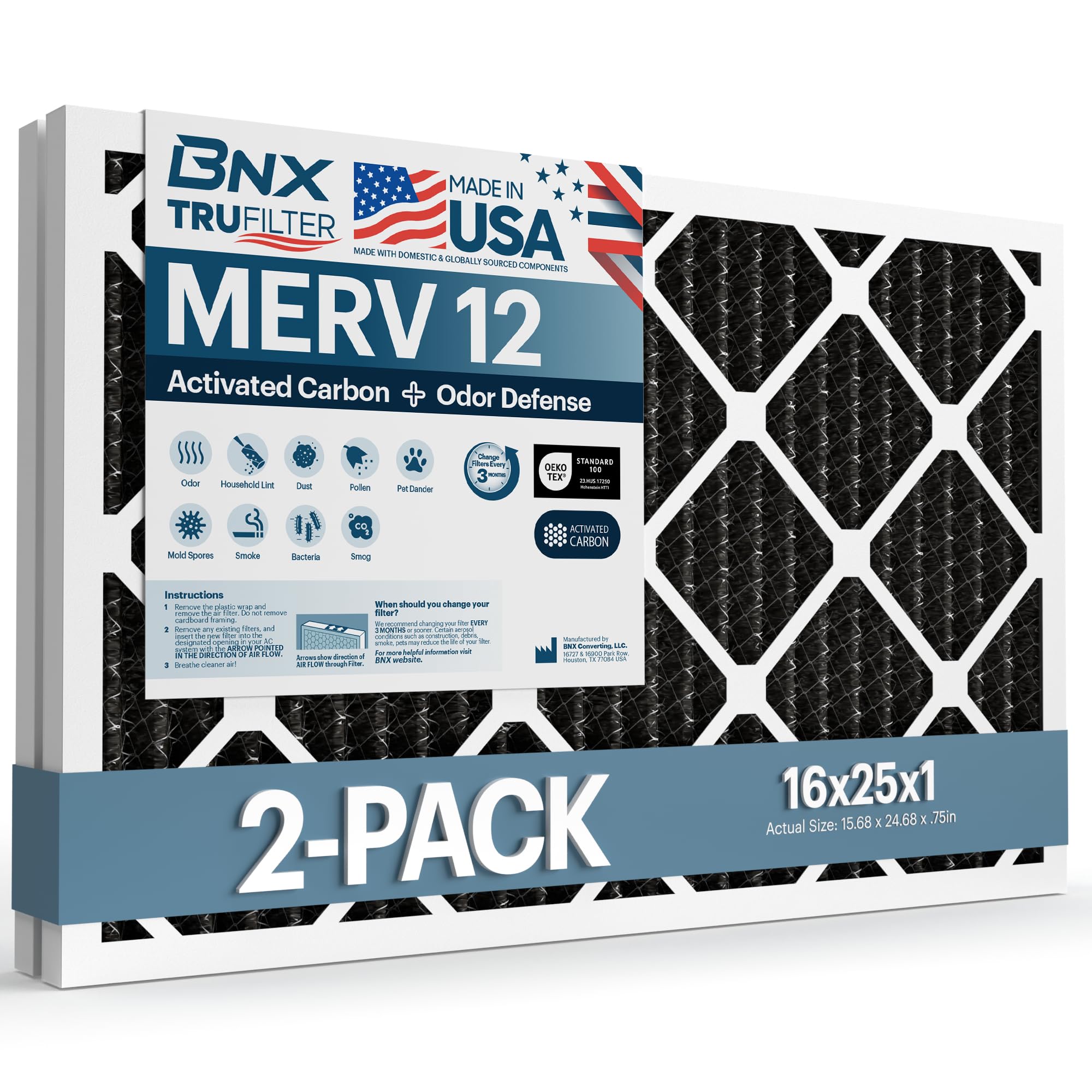 Photo 1 of BNX TruFilter 16x25x1 MERV 12 Odor Defense (2-Pack) AC Furnace Air Filter with Activated Carbon - MADE IN USA - Pleated Air Conditioner HVAC AC Furnace Filters - Removes Odor, Mold, Bacteria, Smoke