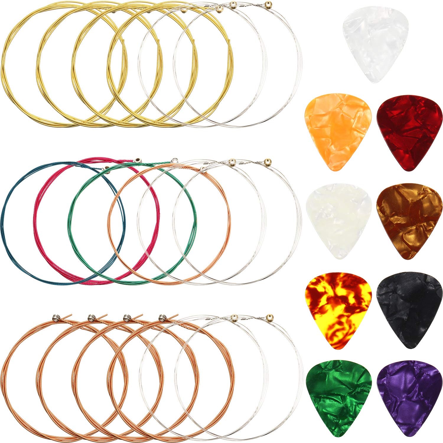 3 Sets Acoustic Guitar Strings Steel Guitar Strings Replacement (Gold, Brass, Multicoloured) with 9 Pieces Celluloid Guitar Picks 3 Sizes for Guitar Beginners