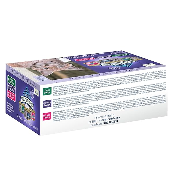 BLUE BUFFALO WILDERNESS HIGH PROTEIN, NATURAL ADULT PATE WET CAT FOOD VARIETY PACK, CHICKEN, SALMON, DUCK 3-OZ CANS (12 COUNT- 4 OF EACH FLAVOR)