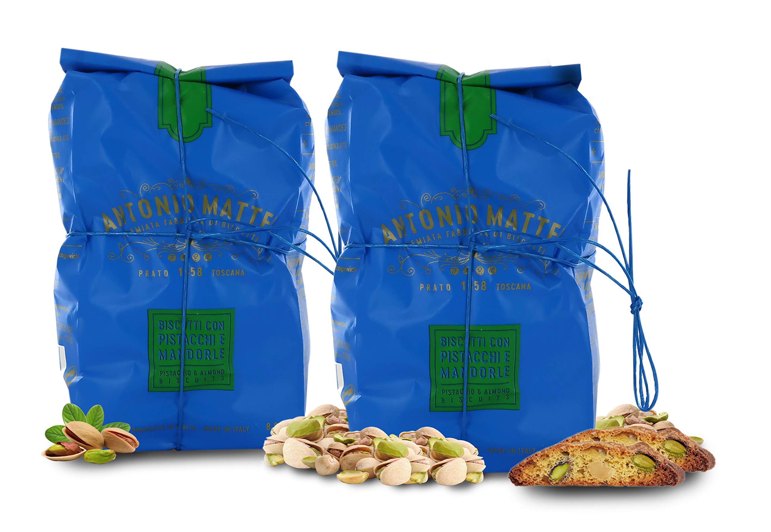 Antonio Mattei Premiata Fabbrica di Biscotti Pistachio and Almond Cookies, Cantucci Biscuits Baked in Tuscany, Italy, 250g / 8.8oz Bag (pack of 2 pieces)