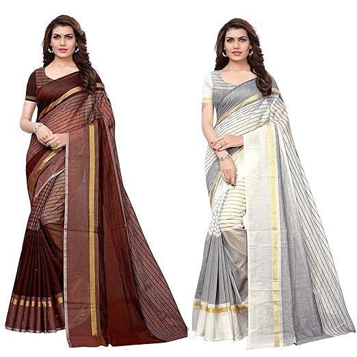 Synthetic with Blouse Piece Saree (TS-02-BROWN-WHITE_ Multicolor_ FS)