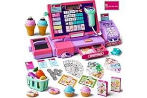 MAYSIDA Upgraded Kids Cash Register Toy for Boys Girls, Toddler Pretend Play Cashier Register with Shop Accessories, Calculator Cash Register with Scanner/Credit Card (Pink)