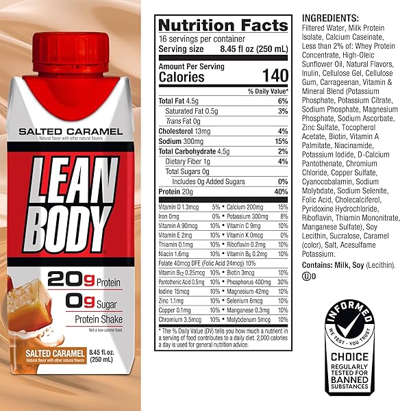 LEAN BODY READY-TO-DRINK SALTED CARAMEL PROTEIN SHAKE, 20G PROTEIN, WHEY BLEND, 0 SUGAR, GLUTEN FREE, 22 VITAMINS & MINERALS, (RECYCLABLE CARTON & LID – PACK OF 4)