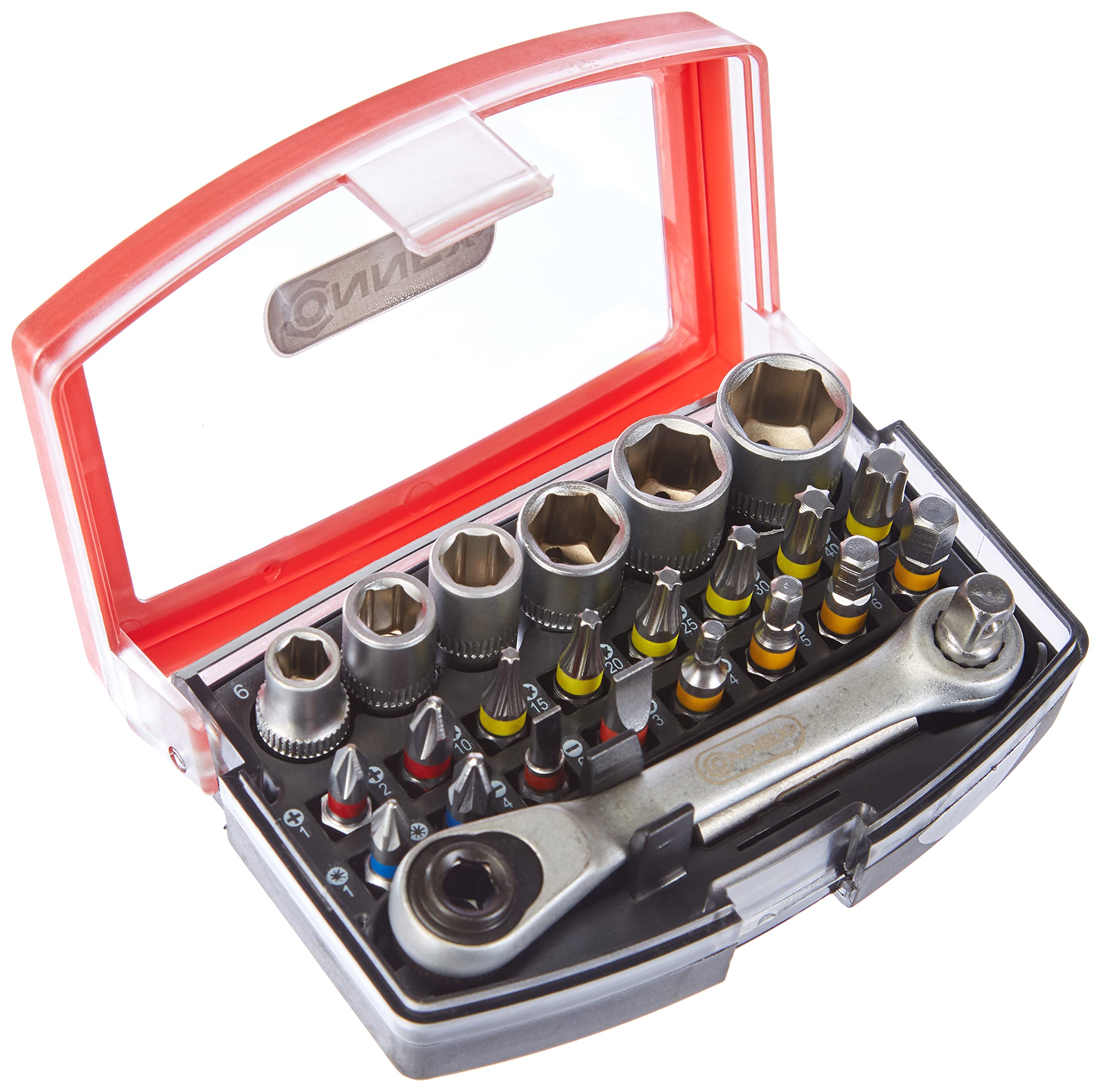 Connex COXB973925 Bit/Socket Wrench Set with Ratchet Box, Multi-Colour, Set of 25 Piece