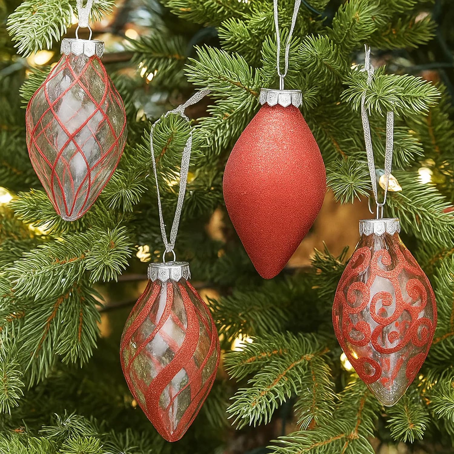 SLEETLY 12pk Christmas Tear Drop Finial Hanging Pendant Baubles for Tree Holiday Xmas Christmas Decorations, Long 4 inch Big Shatterpoof Plastic Ornaments, Red