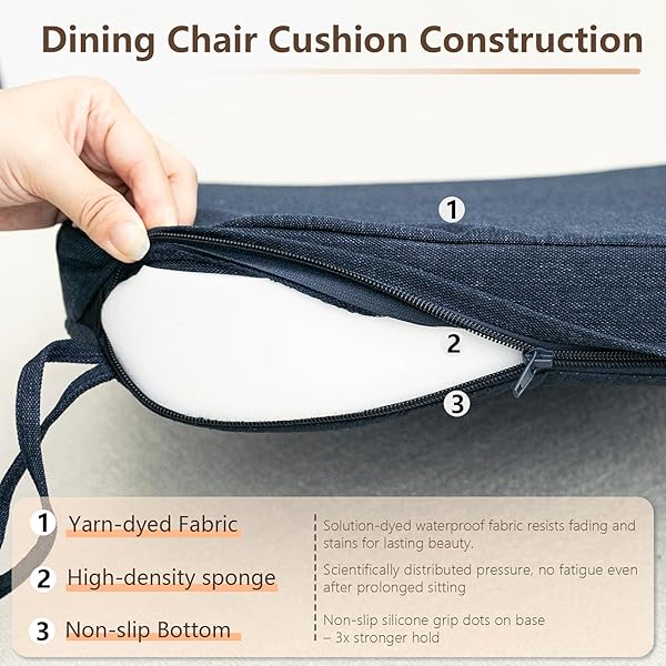C-HOPETREE INDOOR OUTDOOR DINING CHAIR CUSHIONS WITH TIES, SEAT PADS FOR KITCHEN WITH WASHABLE COVER AND NON-SLIP BOTTOM, HIGH-RESILIENT FOAM, WATERPROOF, 17″ X 16″ X 2″, NAVY BLUE, SET OF 8