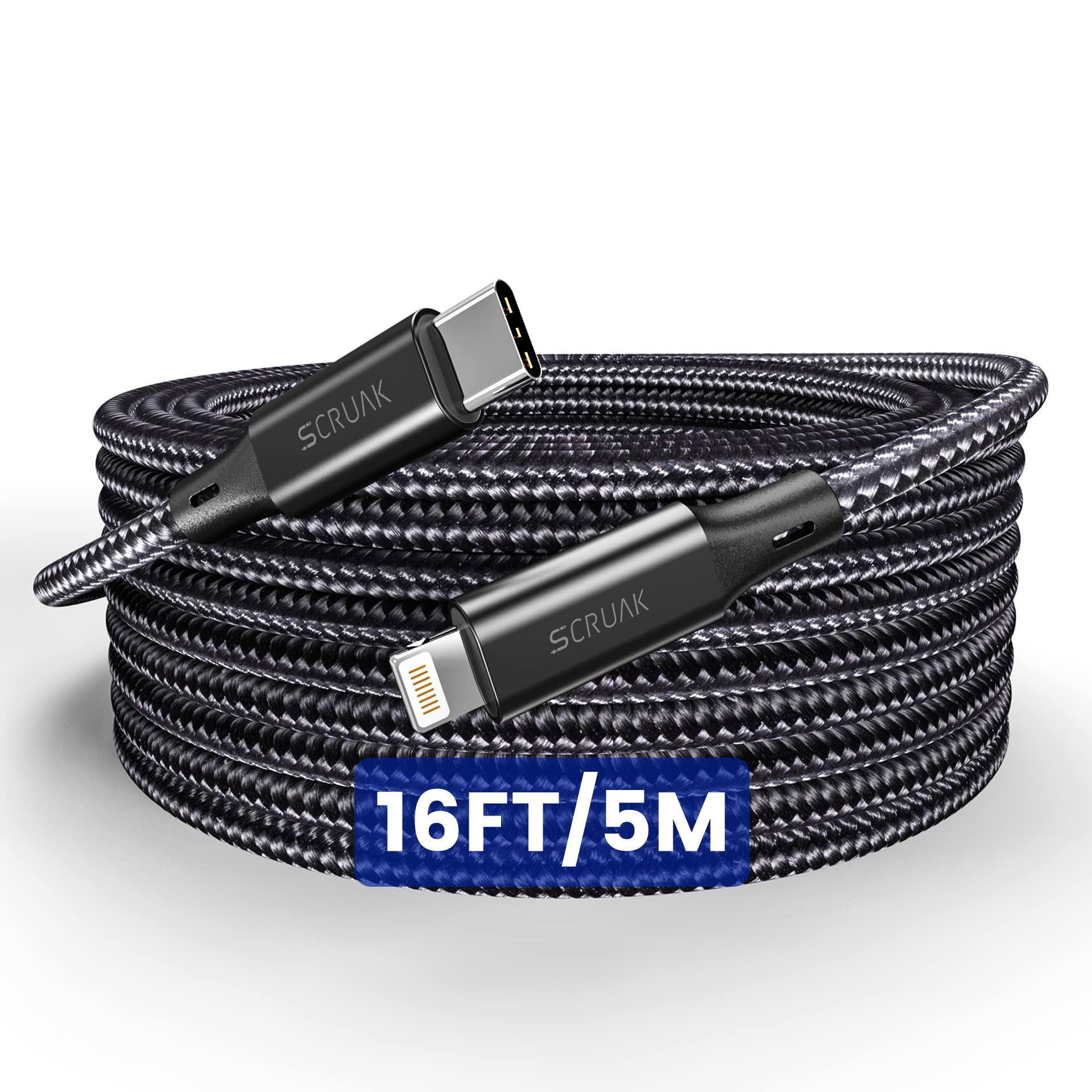 Photo 1 of SCRUAK Extra Long iPhone Charger Cord 16Ft, 16 Feet USB C to Lightning Cable Fast Charging Nylon Braided iPhone Charger Cable for iPhone 13/13 Pro/13 Pro Max/12/11/Max/XS/XR/8, iPad, AirPods Pro