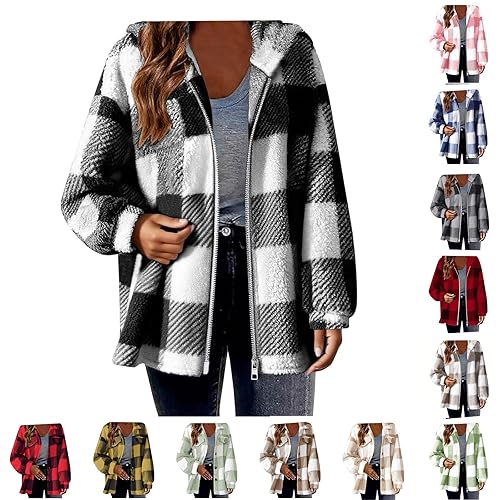 Full Zip Fleece Women Fleece Jacket Women UK Winter Warm Full Zip Up Hooded Coat with Pockets, Ladies Sherpa Linined Outdoor Wear, Long Sleeve Soft Teddy Bear Coats for