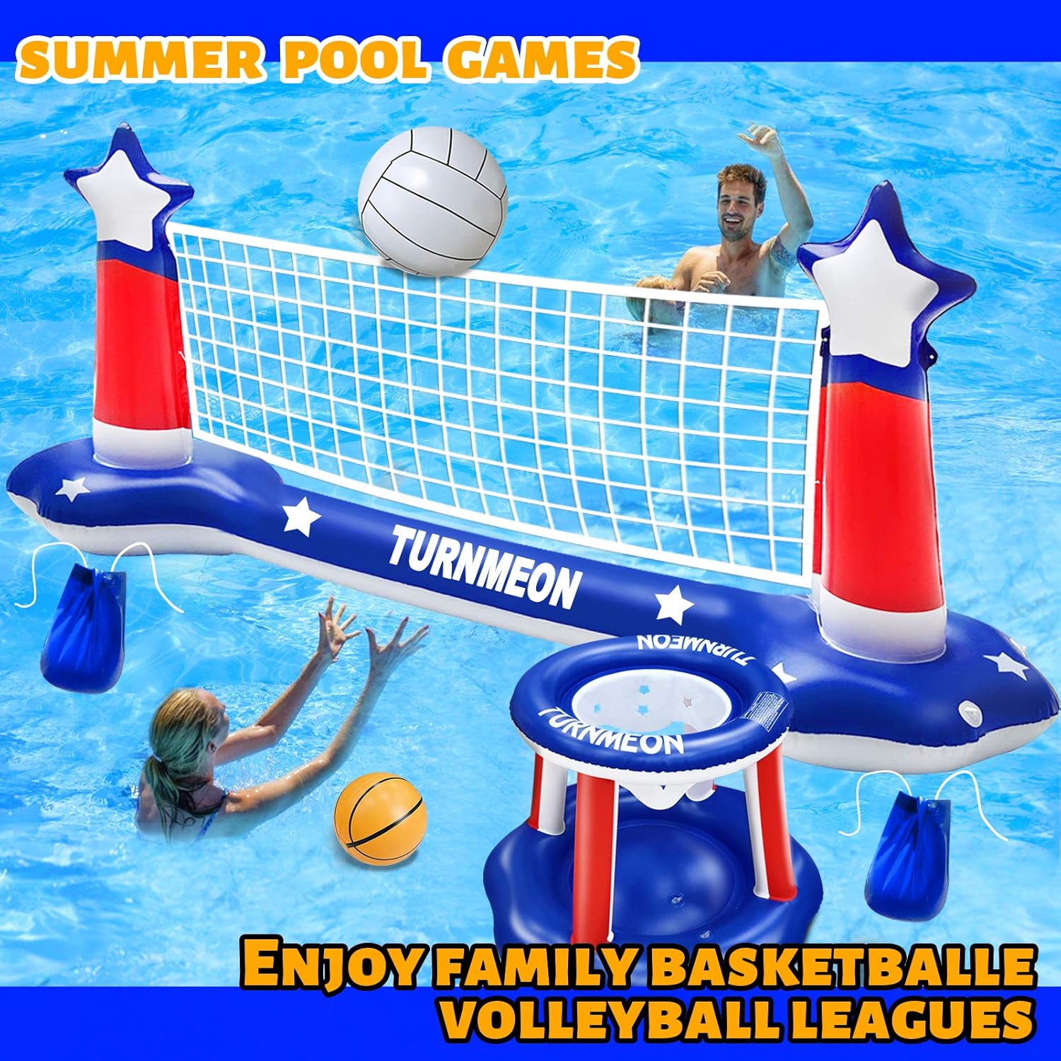 Large Inflatable Pool Games Volleyball Net & Basketball Hoop Set with 2 Balls Swimming Pool Toys for Adults Kids Pool Floating Water Pool Toys Party Volleyball Net (116”x46”x30”) Hoop (31”x31”x24”): Toys & Games