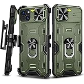 Caka for iPhone 14 Plus Case with Belt-Clip Holster, Slide Protective Camera Cover, 360 Rotate Stand - Green