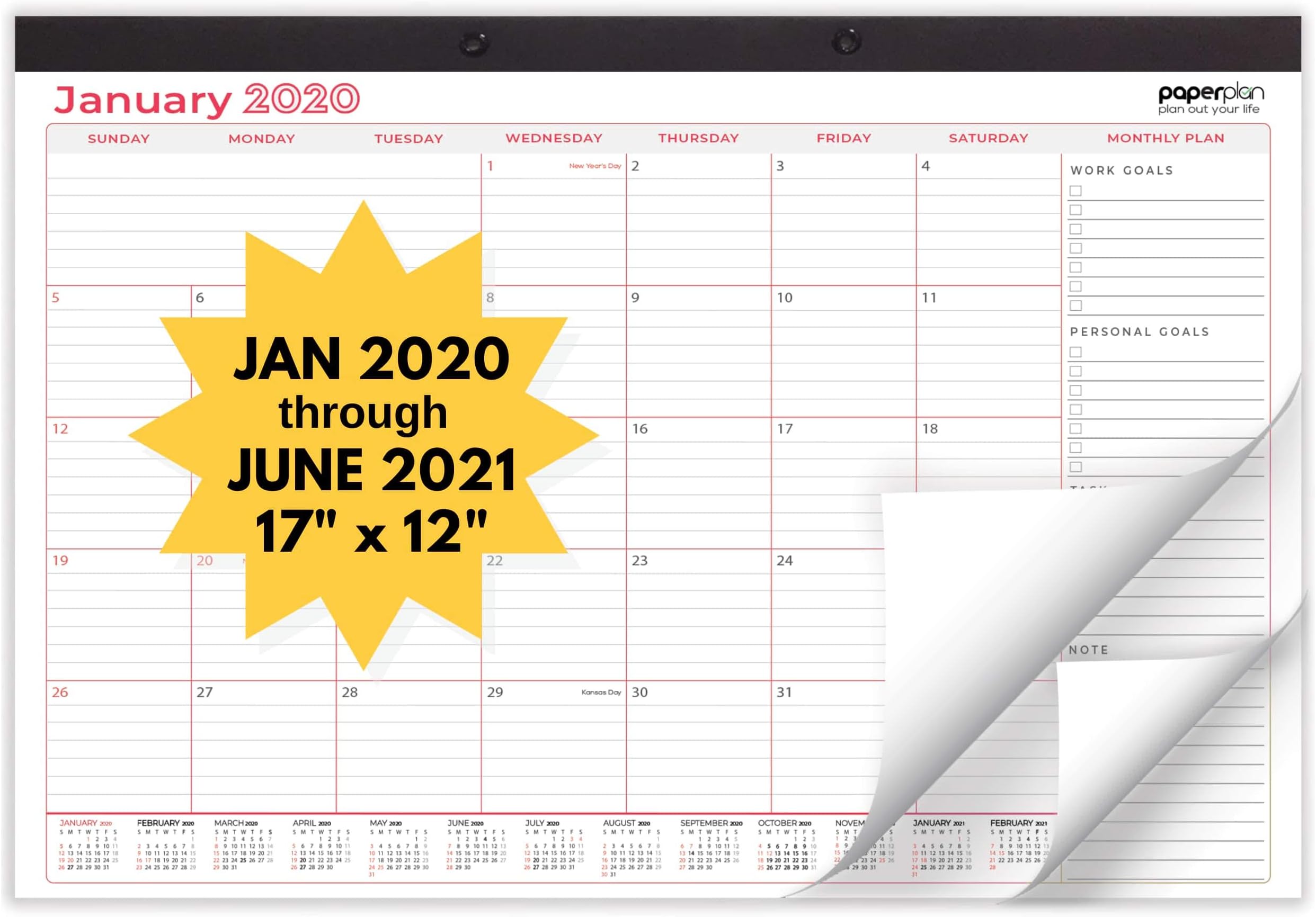 Paperplan Desk Calendar 2020-2020-2021 Desk Calendar 17" x 12", Large Monthly Page Academic Desktop, Jan 2020 - June 2021 for Office, Teacher (2020-21 White Design, 17" x 12")