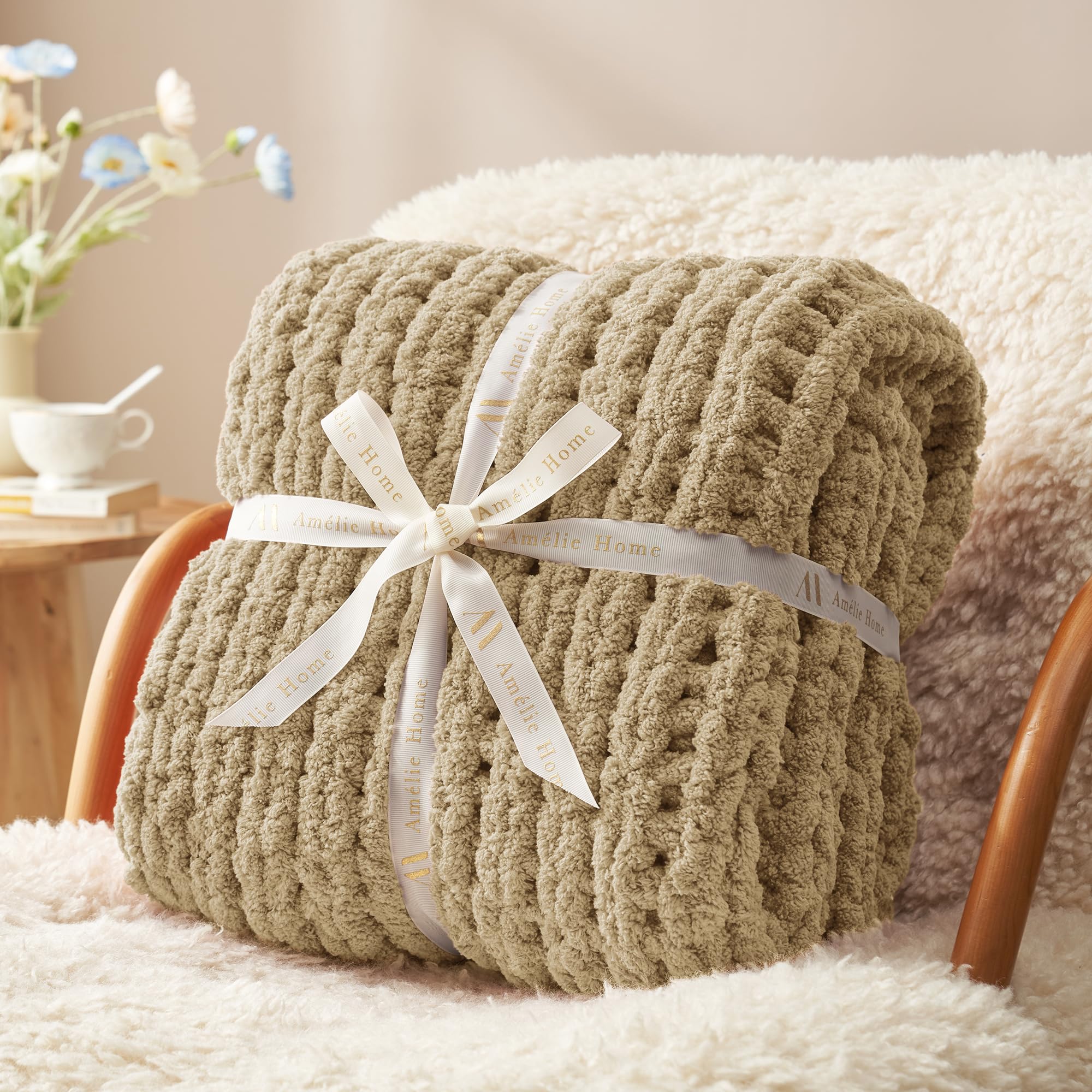 Photo 1 of Amélie Home Chunky Knit Throw Blanket for Couch, Soft Chenille Crochet Blanket for Children, 40"x50", Beige