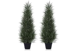 PISKOAN Artificial Cedar Topiary Tree for Outdoor,3FT Tall Faux Cedar Pine Trees,Potted Fake Cypress Plant with UV Resistant Leaves for Front Door Decor,Porch,Garden,Entryway, Set of 2