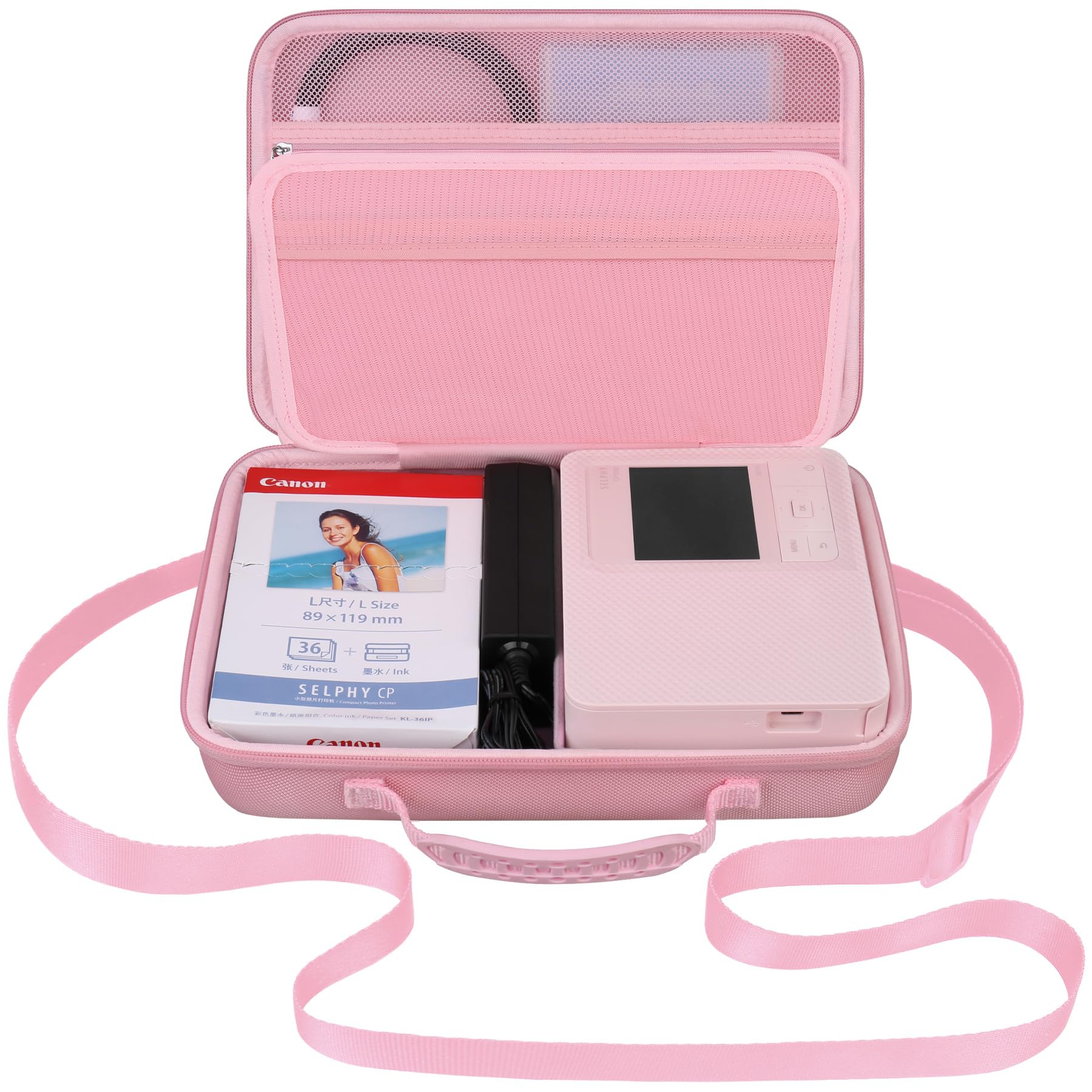 Elonbo Carrying Case for Canon SELPHY CP1500 Compact Photo Printer, Portable Bluetooth Instant Print Camera Storage Holder Bag, Mesh Bag Fits Zink Photo Paper Cable, Pink