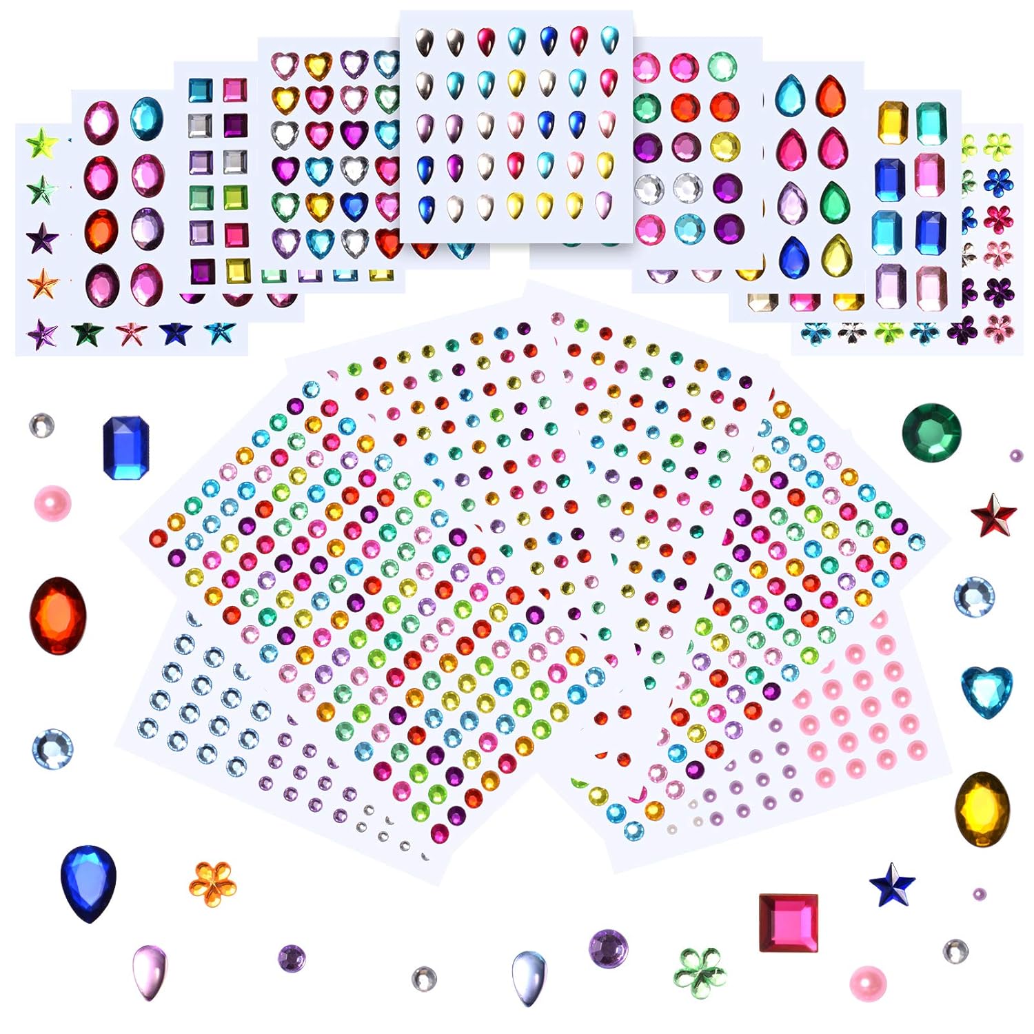 Strasssteine Glitzersteine Selbstklebend, 1817 Stücke Acryl Schmucksteine Selbstklebend, 15 Blätter Klebesteine Selbstklebende Bunt