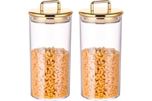 YUEJUM 2 Pack 32 oz Large Acrylic Storage Apothecary Jar with Gold Airtight Lid | Bathroom Vanity Organizer Containers | Perfect Decorative Canisters for Shells, Bath Salt, Grains, Cotton Ball, Flossers