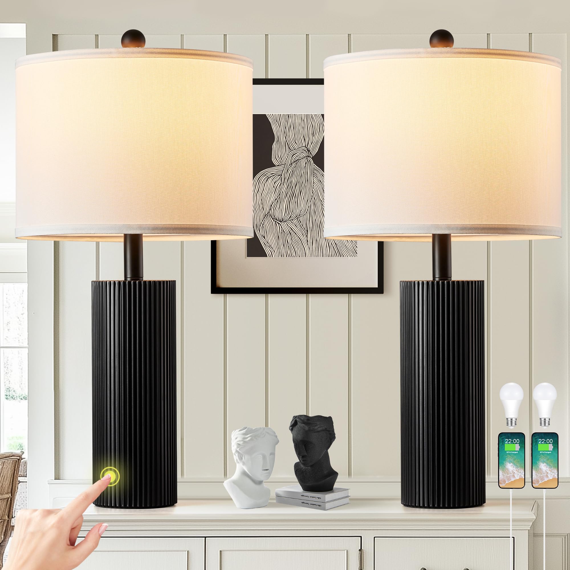 Photo 1 of BZZMMB 24.5" Black Lamps Set of 2, Modern Table Lamps for Living Room with USB C+A Ports, Creative Stripe Touch Lamps for Nightstand, 2 Bulbs Included