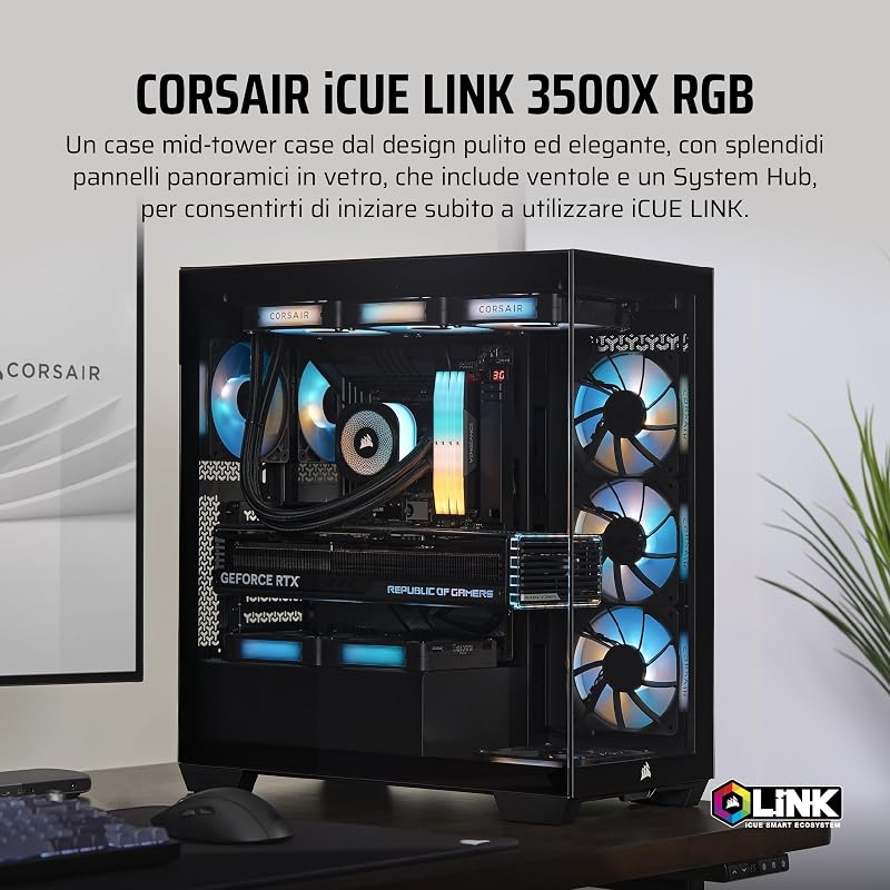 iCUE LINK 3500X RGB Mid-Tower ATX Case per PC - Vetro Panoramico Temperato - Compatibile con Scheda Madre a Connessione Inversa - 3x Ventole CORSAIR RX120 RGB Incluse - Nero