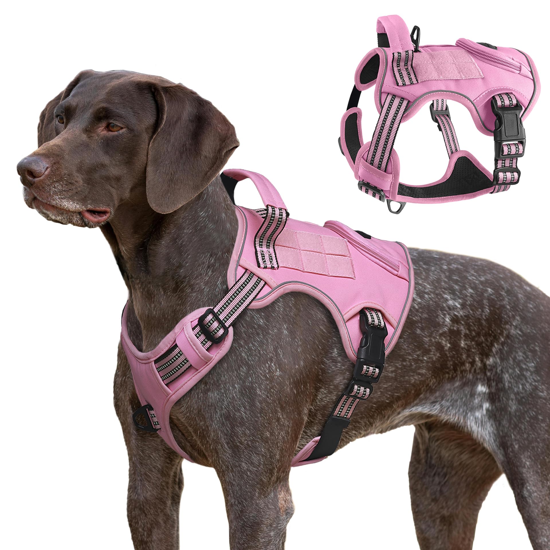 Photo 1 of Tactical Dog Harness for Large Dogs, Heavy Duty No Pull Military Service Vest with Control Handle & 4 Patches, Adjustable Reflective Soft Padded Pet Harness for Training Walking Hiking (Pink, L)