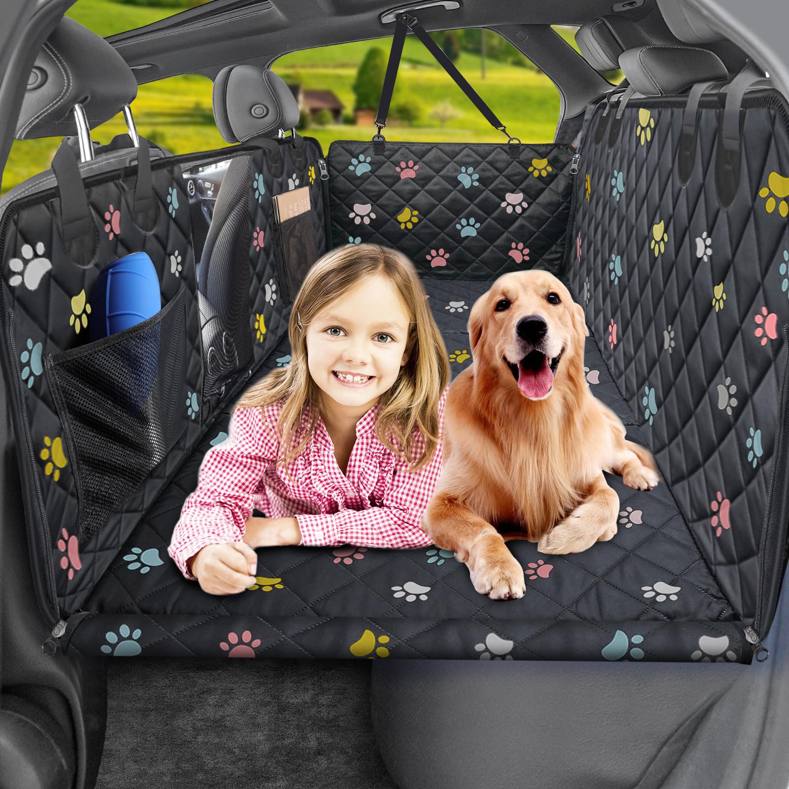 URPOWER Back Seat Extender for Dogs - Hard Bottom Dog Car Seat Cover Holds 550 lbs, Waterproof Dog Hammock Dogs Bed for Cars, SUVs, Pet Backseat Protector with Mesh Window & Large Space Image
