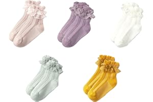 Gwenvenni Toddler Girls Double Ruffle Lace Trim Cotton Socks Frilly Dress Socks 5-Pack