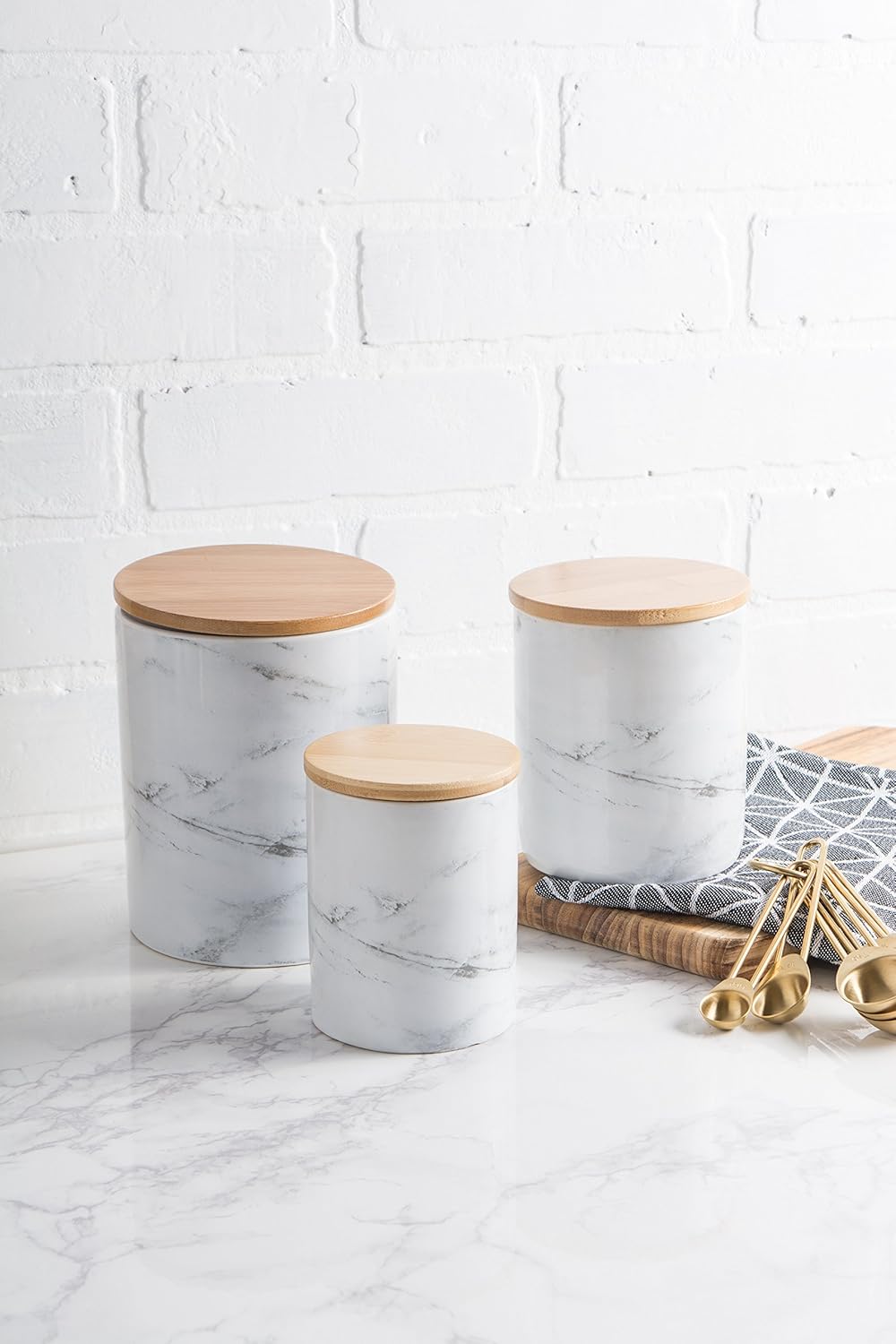 DII CAMZ38970 3-Piece Modern Ceramic Kitchen Canister with Airtight Bamboo Lid for Food Storage, (Assorted Sizes: 4.5x4.5x5.5, 4x4x4.5”, 3x3x4”), White Marble: Home & Kitchen