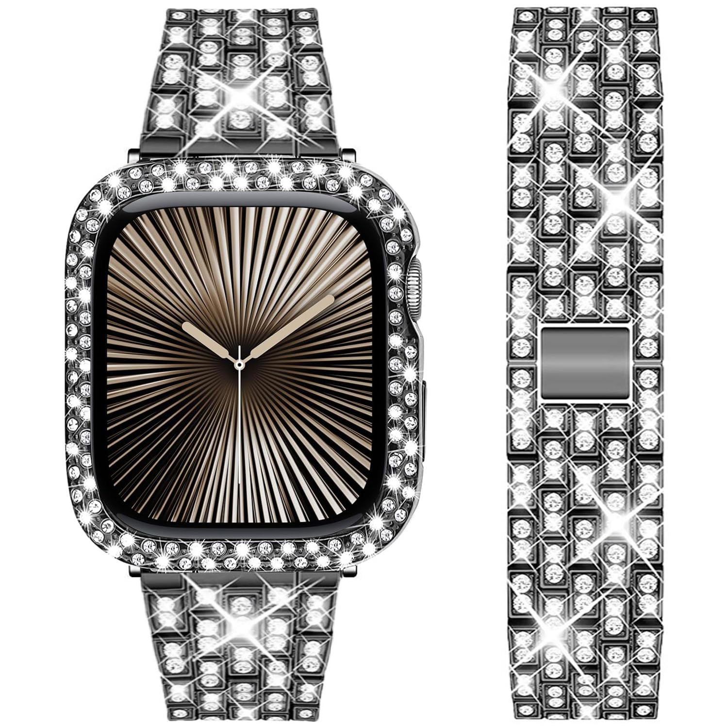 DEALELE Starp and Case Compatible with Apple Watch Series 10 42mm, Bling Rhinestone Diamond Metal Bracelet with Protective Case Cover Replacement for iWatch 10 42mm Women Men (42mm, Black)