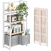 4NM No Assembly Folding Bookshelf Storage Shelves 4 Tiers Vintage Bookcase Standing Racks Study Organizer Home Office (Natural White)