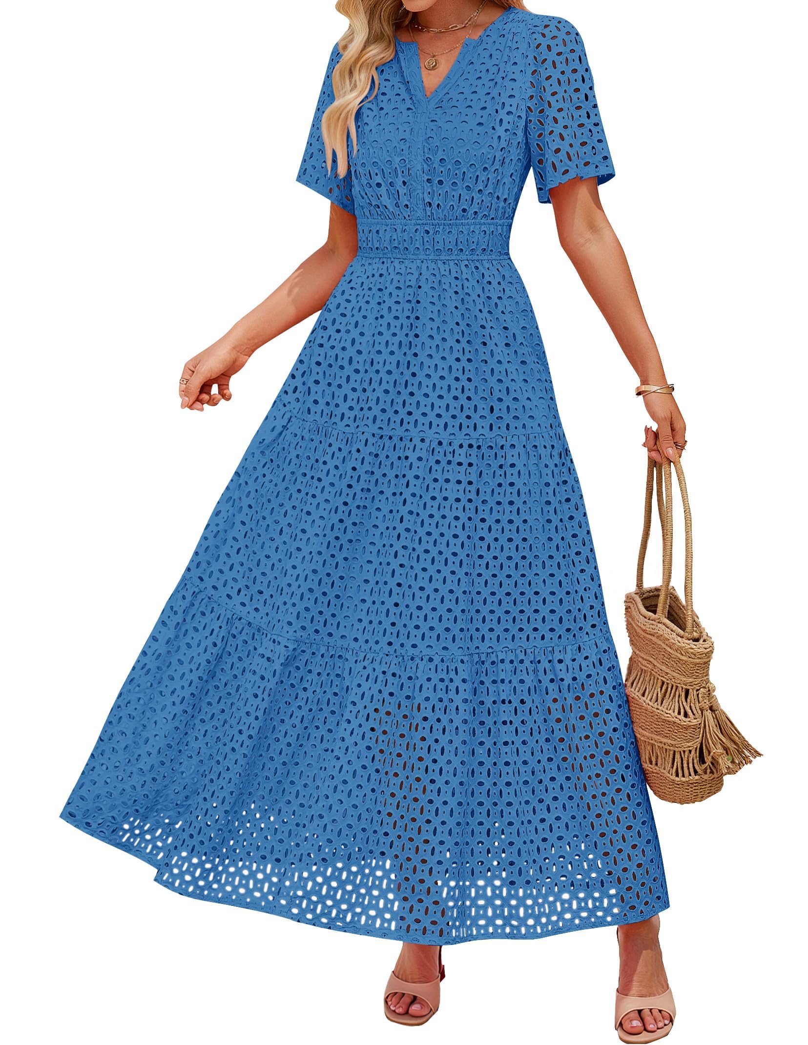 OSTOO Women's Summer Sleeveless Maxi Dress - Square Neck, Eyelet Lace, Smocked Bust, A-Line Swing