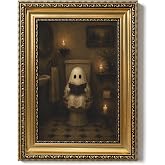 Gold Framed Vintage Halloween Ghost Bathroom Canvas Wall Art 9x11in | Funny Ghost on Toilet Reading Picture Wall Decor Spooky Gothic Dark Academia Painting Print for Restroom Ready to Hang