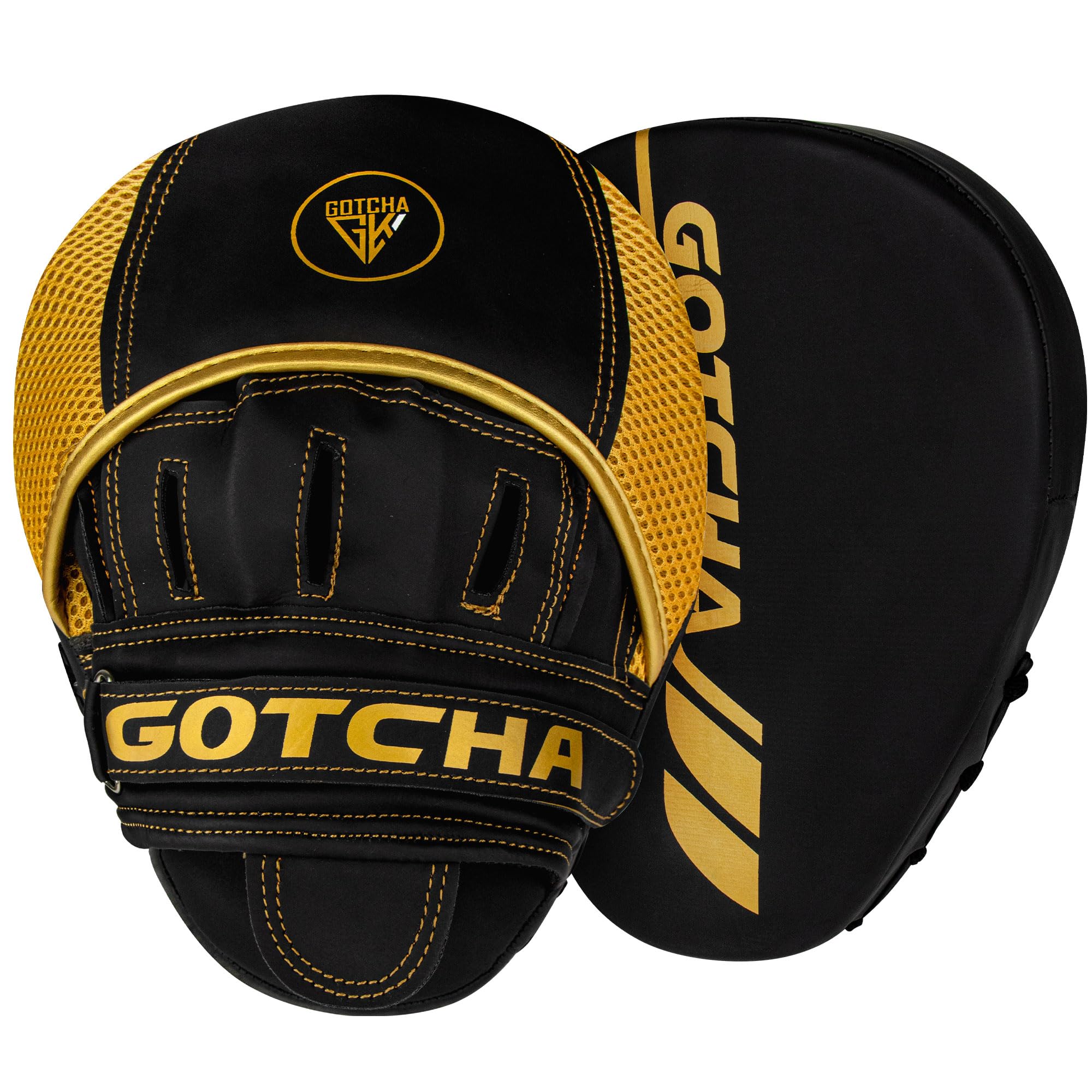 GotchaKart curved boxing Training Pads for men are made from Maya Hide leather. They feature adjustable straps and ventilation, perfect for MMA, Muay Thai, kickboxing, and coaching (Black-Golden)