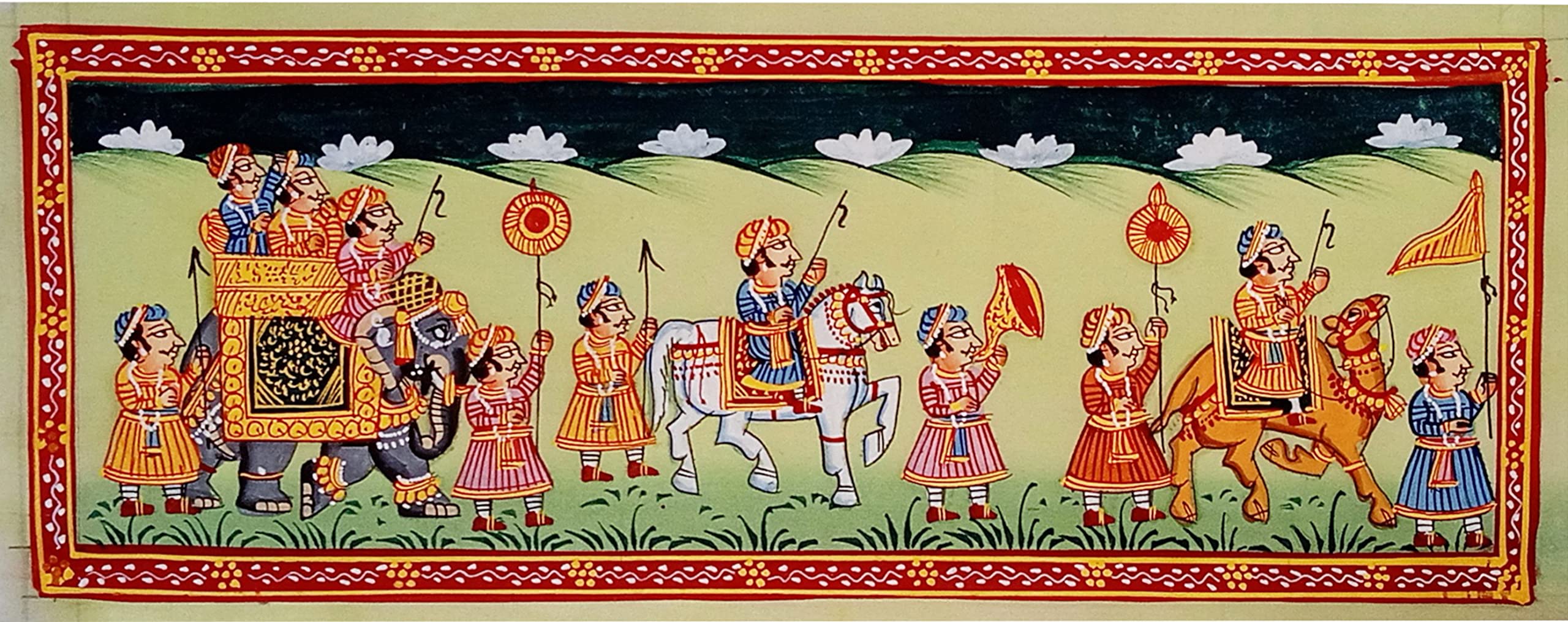 Purpledip Silk Cloth Painting King's Outing: Collectible Indian Miniature Art Unframed Wall Hanging (12479C)