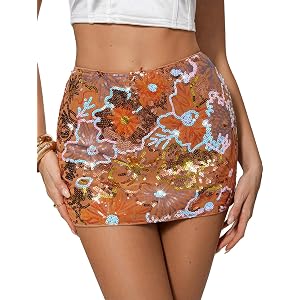 OYOANGLE Women's Floral Sequin Glitter Low Waisted Party Mini Skirt Y2K | Bodycon, Date Night Going Out, Cruise Vacation,Spar