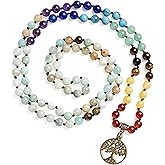 Bivei 7 Chakra 108 Mala Beads Bracelet Real Gemstone Yoga Meditation Hand Knotted Mala Prayer Bead Necklace
