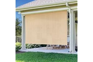 Artpuch Outdoor Roller Shade 7'(W) x6'(H) Fabric Blind Sesame 220GSM Roll Up Shade, Wand Operation Exterior Roller Shade Cloth for Patio Porch Gazebo, Spliced of Two Sections