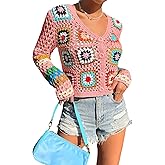 SHENHE Women's Floral Crochet Cardigan Hollow Out V Neck Button Down Long Sleeve Cropped Sweater