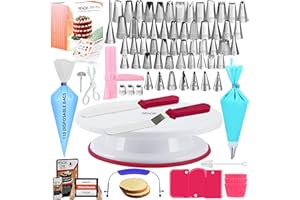 RFAQK 200PCs Cake Decorating Kit for Beginners with Turntable for Decoration - Piping Bags and Tips Set (110+55), Straight & Offset Spatula, Leveler, Video Course, Pattern Chart & More Baking Supplies
