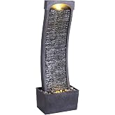 Teamson Home 38.58 in. Modern Curved Faux Slate Waterfall Fountain for Indoors or Outdoors with LED Light Accents and 1.98-Gallon Pump, Black and Stone Gray